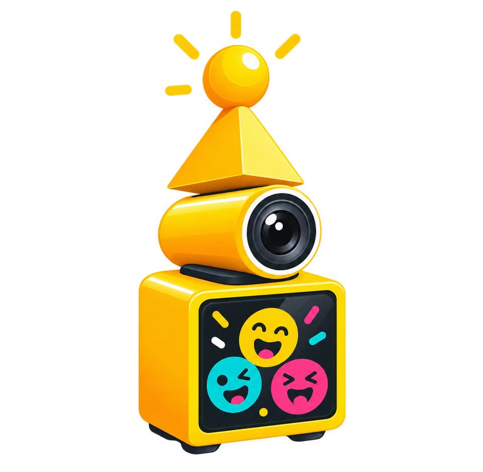 Illustration de la mascotte Pictotem : totem photobooth doré avec objectif et écran affichant des émojis souriants